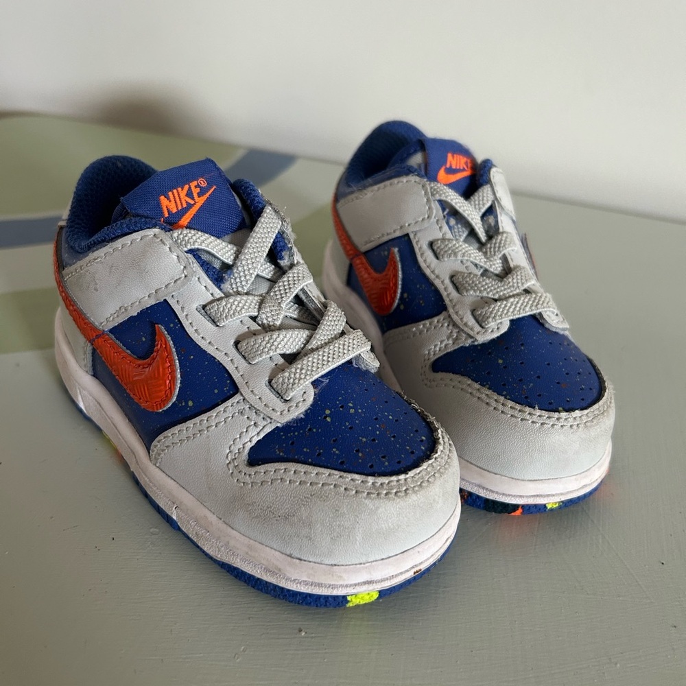 Nike Toddler Dunk Low Orange and Blue Paint Splatter Shoes 6C
